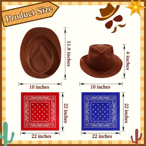 24 Pieces Western Cowboy Hat Set, Felt Cowboy Themed Party Hats with Paisley Bandanas for Adult Kids Cowboy Costume Party (Brown, Red, Blue)