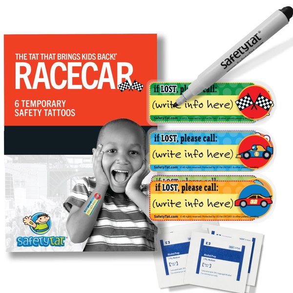 Racecar 6pk SafetyTat Child ID Tattoos includes skin prep wipes and tattoo marking pen