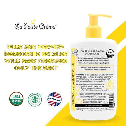 La Petite Creme French Premium Diapering Lotion - Diaper Cream Alternative to Baby Wipes - Gentle Moisturizer & Skin Cleanser with USDA Certified Organic Ingredients - Baby Essentials (8 oz)