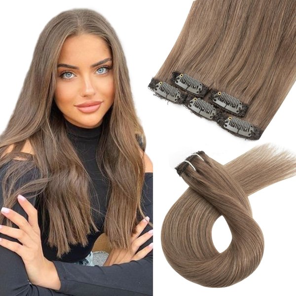 FUBILI Ash Brown clip in hair extensions Natural Remy Real Human straight Hair Extensions 30g 5pcs 18 Inch