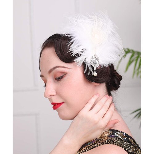 Aimimier 1920s Flapper White Feather Headpiece Crystal Pendant Hair Clip Roaring 20s Feather Accessories Masquerade Hair Jewelry for Women and Girls