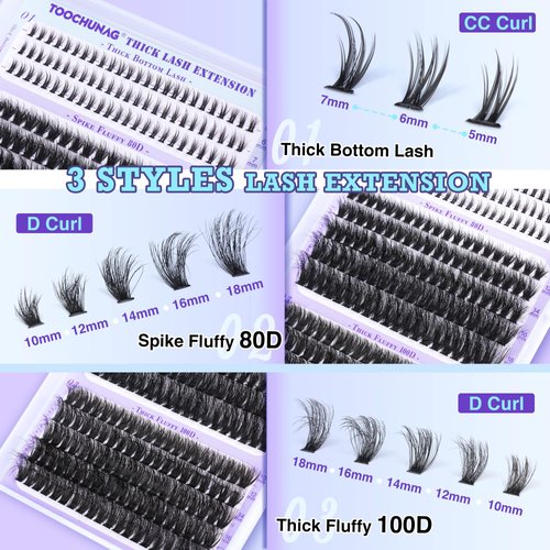 TOOCHUNAG Fluffy Lash Clusters with Bottom Lashes Thick Cluster Eyelash Extensions Wispy Individual Lashes with Lower Eyelash Clusters 10-18mm 80D+100D Clusters Lashes DIY Curly Lash Extension at Home
