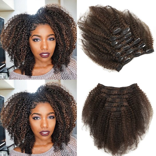 Lacer Hair Short Length Clips in Hair Extensions Afro Kinky Curly Human Hair Extensions for Black Women Piano Natural Black Mixed with Dark Brown 4B 4C Hair 120g Double Weft P#1B/4 AC 10 Inch