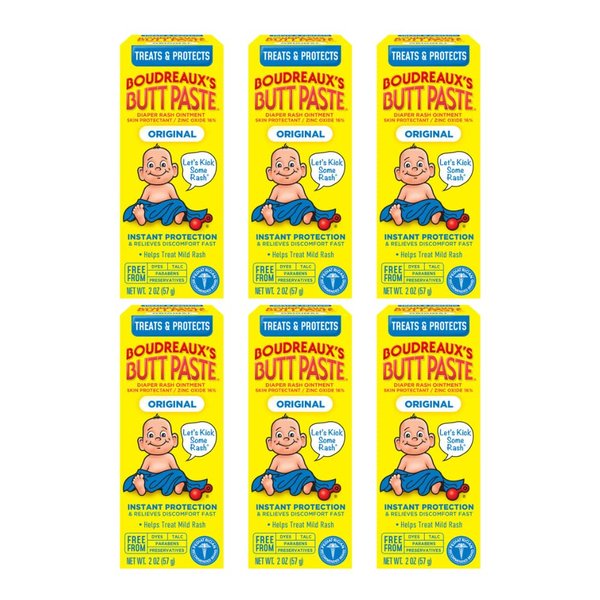 Boudreaux's Butt Paste Original Diaper Rash Cream, Ointment for Baby, 2 oz Tube (Pack of 6)