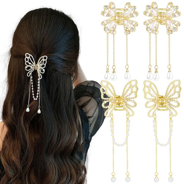 4 PCS Butterfly Tassel Hair Claw Clip Mini Metal Hair Clips, Butterfly Hair Claw Clips with Charms, Rhinestone Pearl Hair Claw Non Slip Hair Clamps Hair Styling Accessories for Women Girls