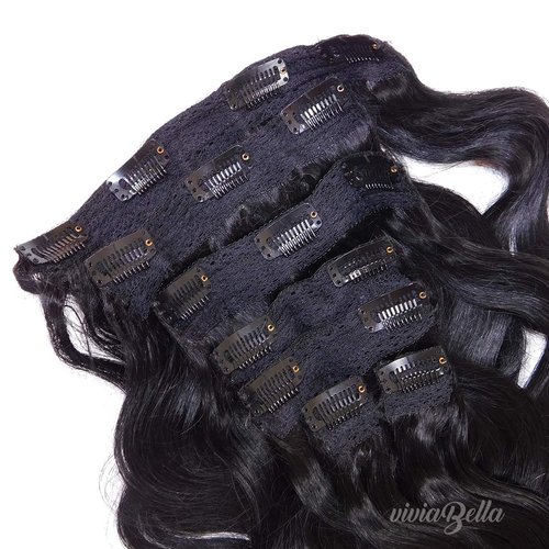 Prime Long 28 Inch Brazilian Wavy Clip in Hair Extension Human Hair Body Wave Clip in Hair Extensions Human Hair Full Head Brazilian Virgin Hair Double Weft 7Peices/set (200g 28", Natural Black)