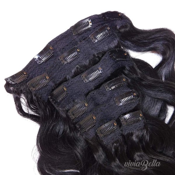Prime Long 28 Inch Brazilian Wavy Clip in Hair Extension Human Hair Body Wave Clip in Hair Extensions Human Hair Full Head Brazilian Virgin Hair Double Weft 7Peices/set (200g 28", Natural Black)