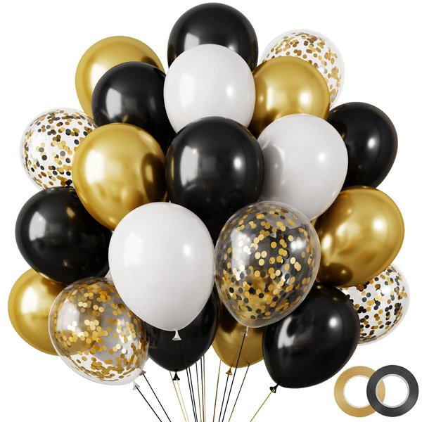 RUBFAC 80Pcs 12 Inches, Black and Gold Confetti Balloons Kit Party Balloons with Ribbons for Birthday, Wedding, Baby Shower, Graduation, Eucalyptus Party Decorations