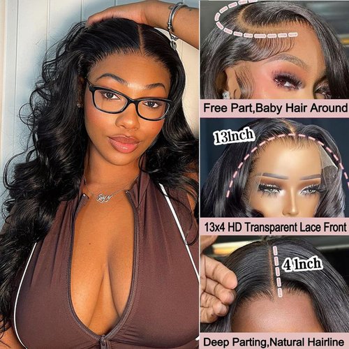 13x4 Body Wave Lace Front Wigs Human Hair Pre Plucked 180 Density 13x4 HD Lace Front Wigs Human Hair Glueless Wigs Human Hair For Black Women (13x4 Body Wave Natural Black, 26 Inch)