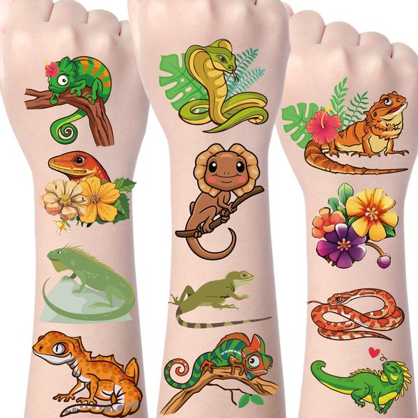 Gameza Reptile Temporary Tattoos Decorations - 240+ Reptile Party Favors Tattoo Sticker Safari Animals Party Decorations Supplies Lizard Snake Temporary Tattoos Kids Reptile Birthday Party Decorations