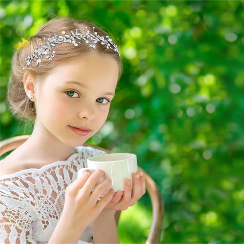 Hotalisona Flower Girl Headpiece Wedding Hair Accessories Wedding Headpiece for Bride Flower Girl Headband First Communion Headpiece for Girls Rhinestone Pearl Flower Headband Princess Accessories