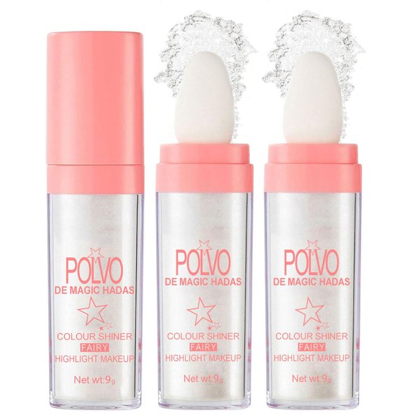 2 Colors Polvo De Hadas Fairy Highlight Stick Patting Powder Highlighter Makeup Shimmer Body Glitter Brightens the Natural 3D Face Powder Blusher for Brighten Face Body Lips Makeup Kit (2 Pcs Pearl White)