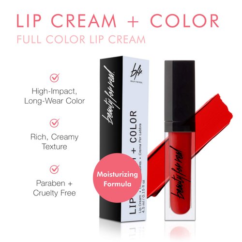 Beauty For Real Lip Cream + Color, Really Red - Classic Red - High-Pigment, Long-Wear, Moisturizing Formula - Cupuacu Butter, Organic Neroli & Mandarin Oil - With Mirror & LED Light - 0.15 fl oz