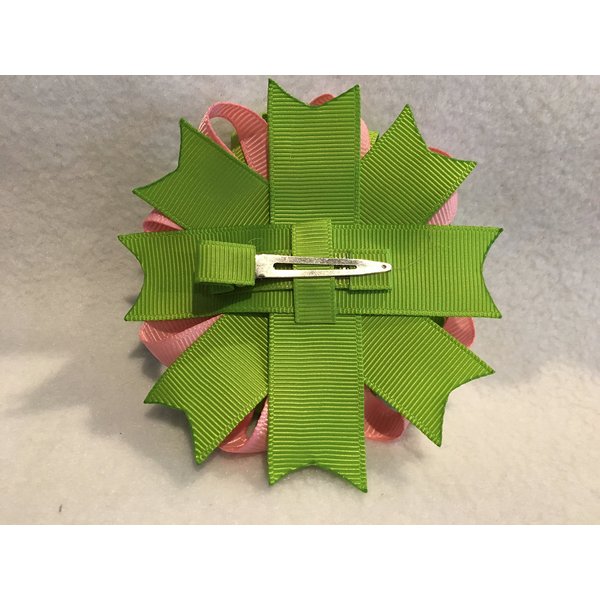 Grosgrain Ribbon Hair Bow, Stacked Hair Bow, Flower Hair Bow, Pink and Green Hair Bow, Kanzashi Flower