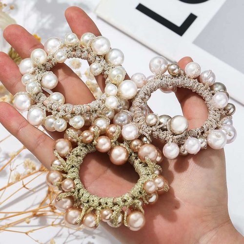 Fashey Pearl Hair Scrunchies Rhinestone Hair Ties Elastic Hair Bands Ponytail Holder Hair Ropes Hair Accessories for Women and Girls（Pack of 3）