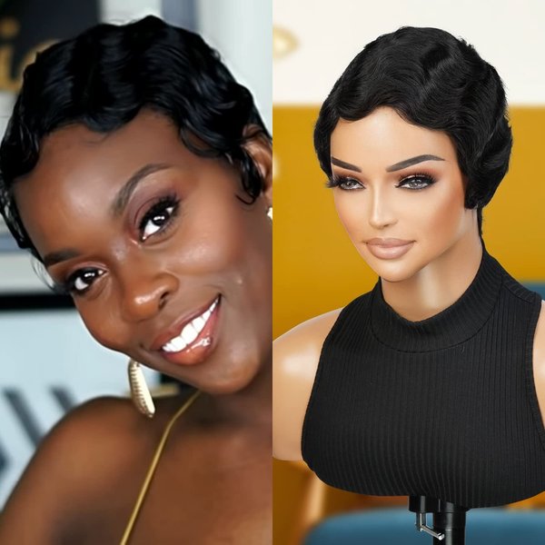 INSTANT FAB Finger Wave Human Hair Wigs for Black Women Short Mommy Wig Curly Remi Human Hair Wig Pixie Cut Wigs Nuna Wigs Non Lace Front Wigs (NATURAL BLACK)