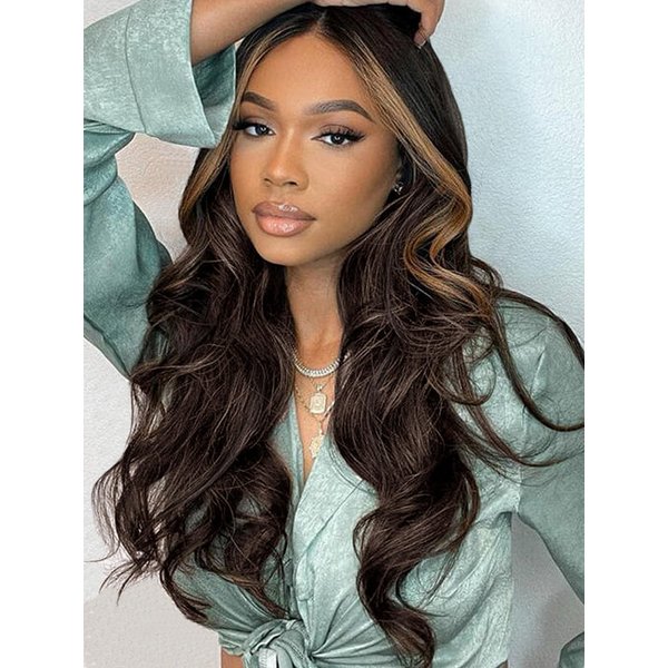Long Dark Brown Wigs 26 Inch Ombre Brown Mixed Blonde Highlight Wig for Women Long Curly Wavy Synthetic Heat Resistant Wigs for Daily Party Use