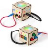 Montessori Busy Board Fidget Cube for Toddlers {Improved 2023 Version} Wooden Sensory Activity Cube Toys for Toddlers LED Light Up Buttons Pluggable Wires Baby Gifts Educational Learning Fidget Toy
