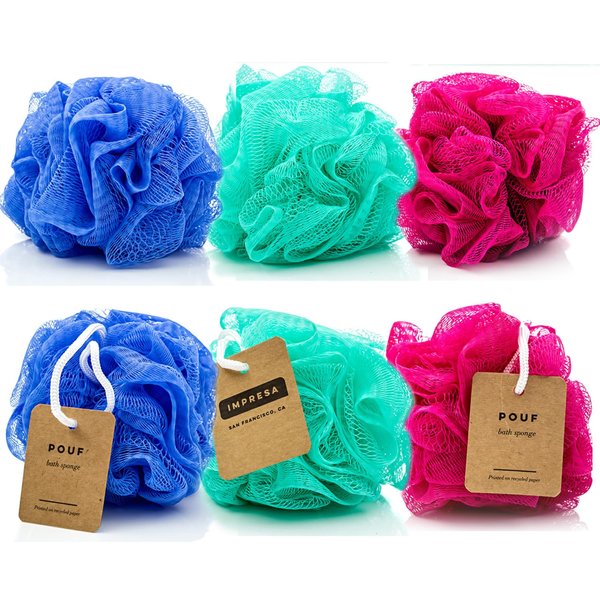 IMPRESA 6-Pack Eco-Friendly Loofah/Loofa/Mesh Bath and Shower Sponge - Loufa/Luffa/Lufa/Poof/Pouf - Loofahs/Loofas for Men and Women - Bulk Body Puffs