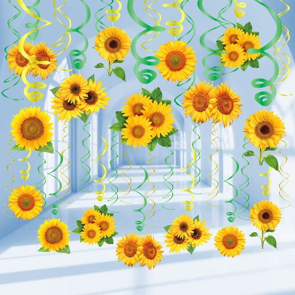 30PCS Sunflower Decorations Hanging Swirls Spring Summer Party Supplies Sun Flowers Party Foil Ceiling Wall Decor for Baby Shower Birthday Party Favors
