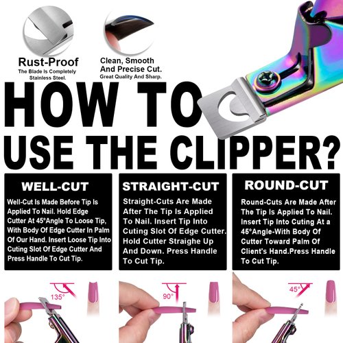 Chameleon Premium Adjustable Nail Clippers for Acrylic Nails, Stainless Steel Cutter Trimmer for Artificial Fake False Tips Manicure Sharp Blade Clip Tool for Salon Home Nail Art Beauty Design DIY