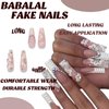 BABALAL Coffin Press on Nails Long Fake Nails White French Tip Glue on Nails Rhinestone Flower Acrylic Nails Ballerina Stick on Nails for Women and Girls