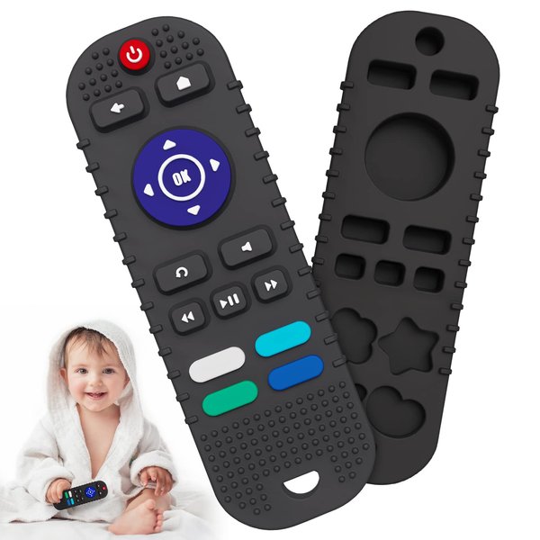 NPET Teething Toys for Babies 6-12 Months, Remote Control Shape Teether for Baby Sore Gums Relief Baby Toys 3-6 Months, Soft Silicone Newborn Baby Teething Toys BPA Free Toddler Girl Boy Toys (Black)