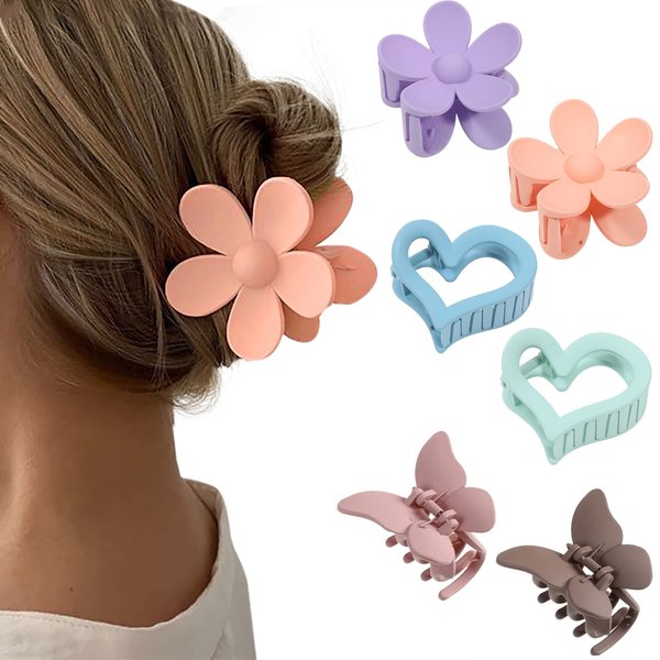 6 PCS Flower Hair Claw Clips - HAIMEIKANG Matte Butterfly Hair Clips for Women Girls Non-Slip and Strong Hold Hair Clips Heart Hair Claw Clips for Thin/Medium/Thick Hair (flower+heart+butterfly)