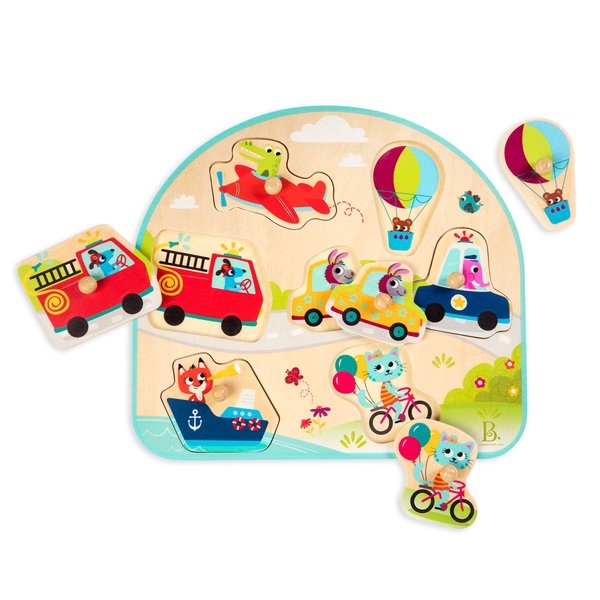 B. toys- Vehicles On The Go!- Wooden Peg Puzzle – Educational Puzzle – Vehicles Peg Puzzle for Toddlers, Kids – 7 Chunky Pieces – 18 Months +