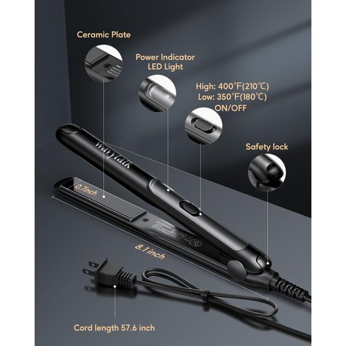 Wavytalk Pro Mini Flat Iron, 350℉/400℉ Temperature Adjustable Mini Hair Straightener - 0.7 Inch Small Flat Irons for Short Hair, Curls Bangs, Travel Flat Iron Dual Voltage, Black