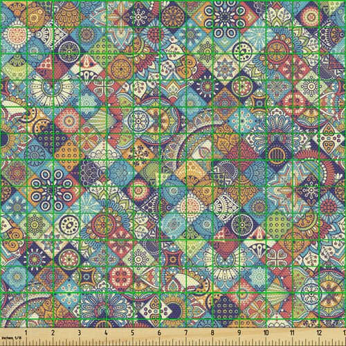 Ambesonne Bohemian Fabric by The Yard, Geometric Pattern Ornamental Floral Folk Art Abstract, Decorative Fabric for Upholstery and Home Accents, 2 Yards, Blue Cream