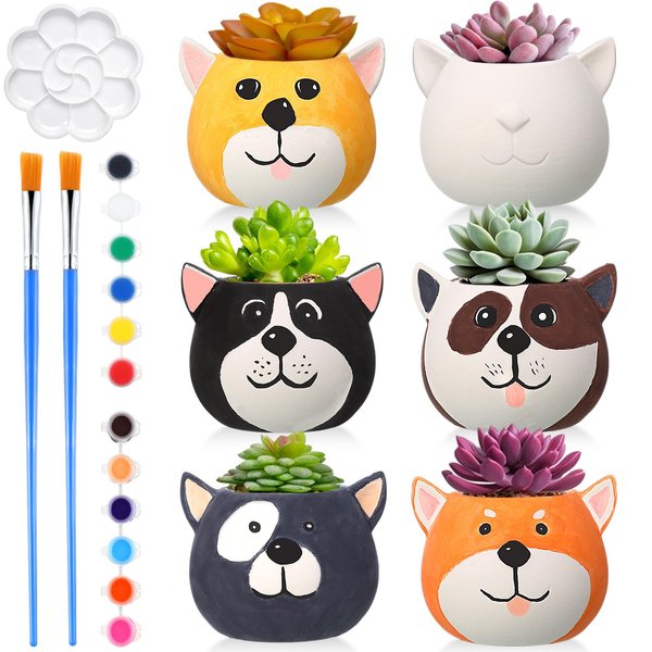 Pasimy 6 Set DIY Ceramic Succulent Planter Pots Paint Your Own Flower Pots Craft Kit Unpainted Bisque Paintable Flowerpots with Paints Brush Palette Ready to Paint for Family Activity Gift(Dog)