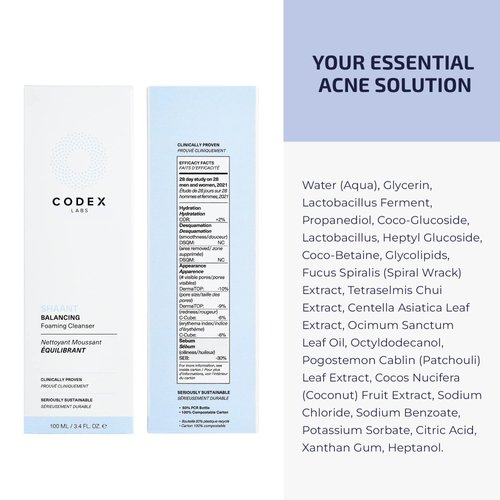 Codex Labs Balancing Foaming Face Cleanser for Oily Skin - Plant-Based, Oil-Free, Micellar Facial Cleanser for Acne-Prone Skin - 100ml
