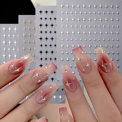 Star Nail Art Stickers 3D Self-Adhesive Star Nail Decals 6PCS Gold Silver Sparkle Star Nail Stickers with Shiny Rhinestone Luxury Nail Art Design Supplies for Women DIY Manicure Nail Art Decorations