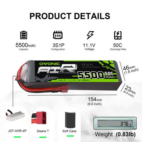 OVONIC 3s Lipo Battery 50C 5500mAh 11.1V Lipo Battery with Dean-Style T Connector for RC Airplane Quadcopter Helicopter FPV Drone(2 Packs)