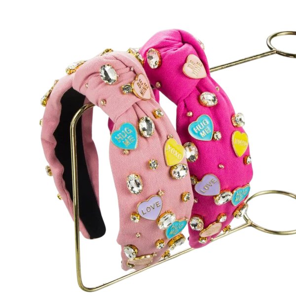Valentine’s Day Heart Jewel Top Knot Headband | 2 Pack Hot Pink & Light Pink Message Heart XOXO Luv U Rhinestones Crystals Beaded Galentine’s Enamel Heart Charms