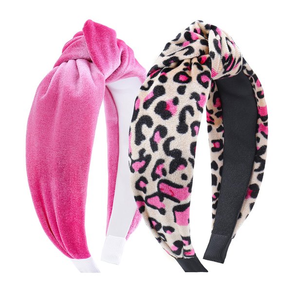 YanJie Pink Velvet Headband for Women Leopard Knotted Headbands Non Slip Wide Head Band for Women Girls Headwear Hair Accessories for Women and Girls Daily Festival Gifts