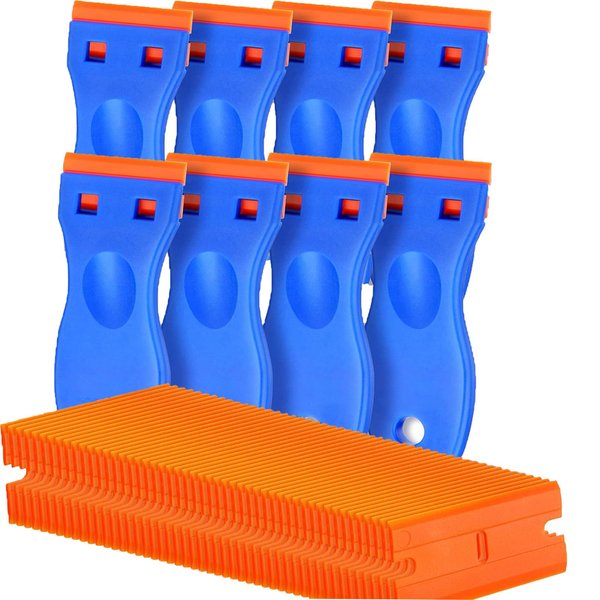 8 Pcs Plastic Razor Blade Scraper and 100 Pcs Blades, Remove Label Decal Tool， Forwithout Scratches Plastic Razor Blade Scraper, Adhesive Remover for Stickers, Kitchen Appliances and Paints on Window