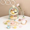 Wooden Tea Party Set for Little Girls Kids with Cupcake Stand & Dessert Food Pretend Play Afternoon Tea Toys Wood Kitchen Toy for 3 4 5 6 Year Old Toddlers Boys Birthday Gift