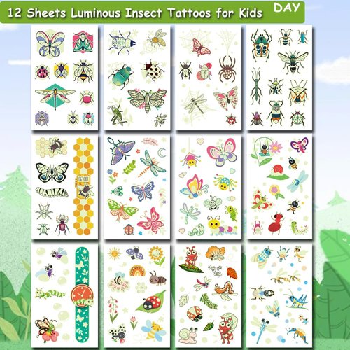 Hohamn Luminous Insect Temporary Tattoos for Kids - 120 Styles Glow in the Dark Tattoos, Bees, Butterflies, Spiders, Beetles Tattoos for Boys Girls Party Favors Decorations