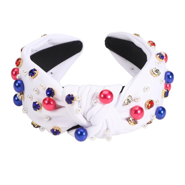 Twinfree 4th of July Headband for Women American Flag Pearl Knottted Headband Fourth of July Patriotic Headband Headpiece Red White and Blue Crystal Top Knot Hairband Party Favor Gift