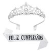 Feliz Cumpleaños Sash&Rhinestone Crystal Tiara,Spanish Happy Birthday banner, Mexican Party Decorations for Women.(Sliver)