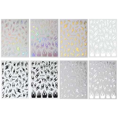 8 Sheets Irregular Flame Nail Art Stickers Metallic Silver Nail Stickers for Nail Art Black White Gold Flame Nail Decals Y2k Nails Stickers Self Adhesive Stickers for Nails Design Women Nail Supplies