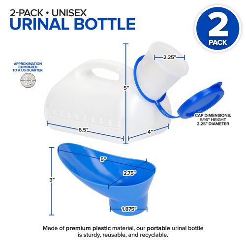 Unisex Urinal Bottle (2 Pack) - Portable Urinal for Women & Men - Female Urinal with Lid - 32 Oz Female Urination Device - Women Pee Funnel Cup for Emergency, Travel, Car & Camping - Stock Your Home