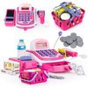Prextex Grocery Store Pretend Play Electronic Toy Kids Cash Register Set - STEM Cash Register for Kids with Microphone, Play Money, and Food Basket - Kids Checkout Register with Scanner- Pink