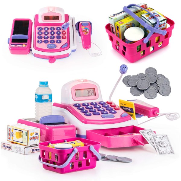 Prextex Grocery Store Pretend Play Electronic Toy Kids Cash Register Set - STEM Cash Register for Kids with Microphone, Play Money, and Food Basket - Kids Checkout Register with Scanner- Pink
