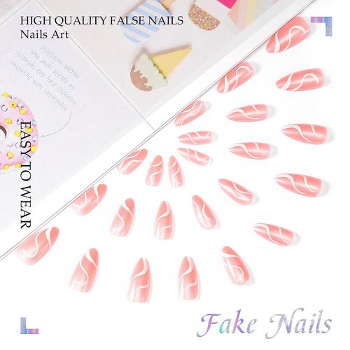 EVAZEN Press on Nails Almond Glossy Fake Nails Pink French False Nails PoP Style Ballerina Nails Blue Swirl Artificial Daily Nail For Women And Girls(Pack of 24) (SET-E)