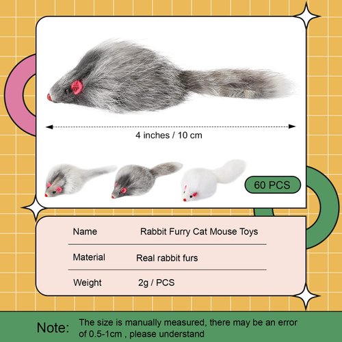 60 Pcs Furry Mice Interactive Catch Play Rabbit Fur Mouse Cat Toy Rattle Sound Rat Plush for PET Cats and Kittens, 3 Colors