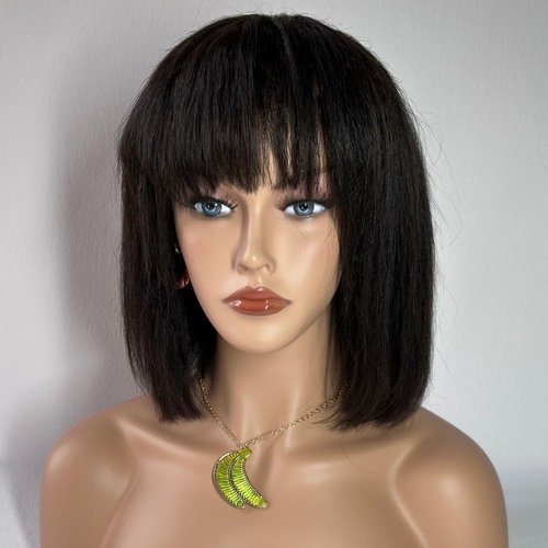 RHAH Ready to Wear Glueless Human Hair Wigs Real SKINLIKE HD Lace Top 12 Inch Kinky Straight Human Hair Wigs Bob Hair Cut with Bangs for Black Women Kinky Straight Bob Wigs Middle Parting
