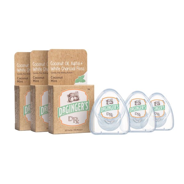 Dr. Ginger's White Charcoal Dental Floss with Coconut Oil & Xylitol for Pearly Whites, Fresh Breath & Gentle Oral Care, Flat Sliding Action for Effective Removal, Coconut Mint Flavor 32yds (Pack of 3)